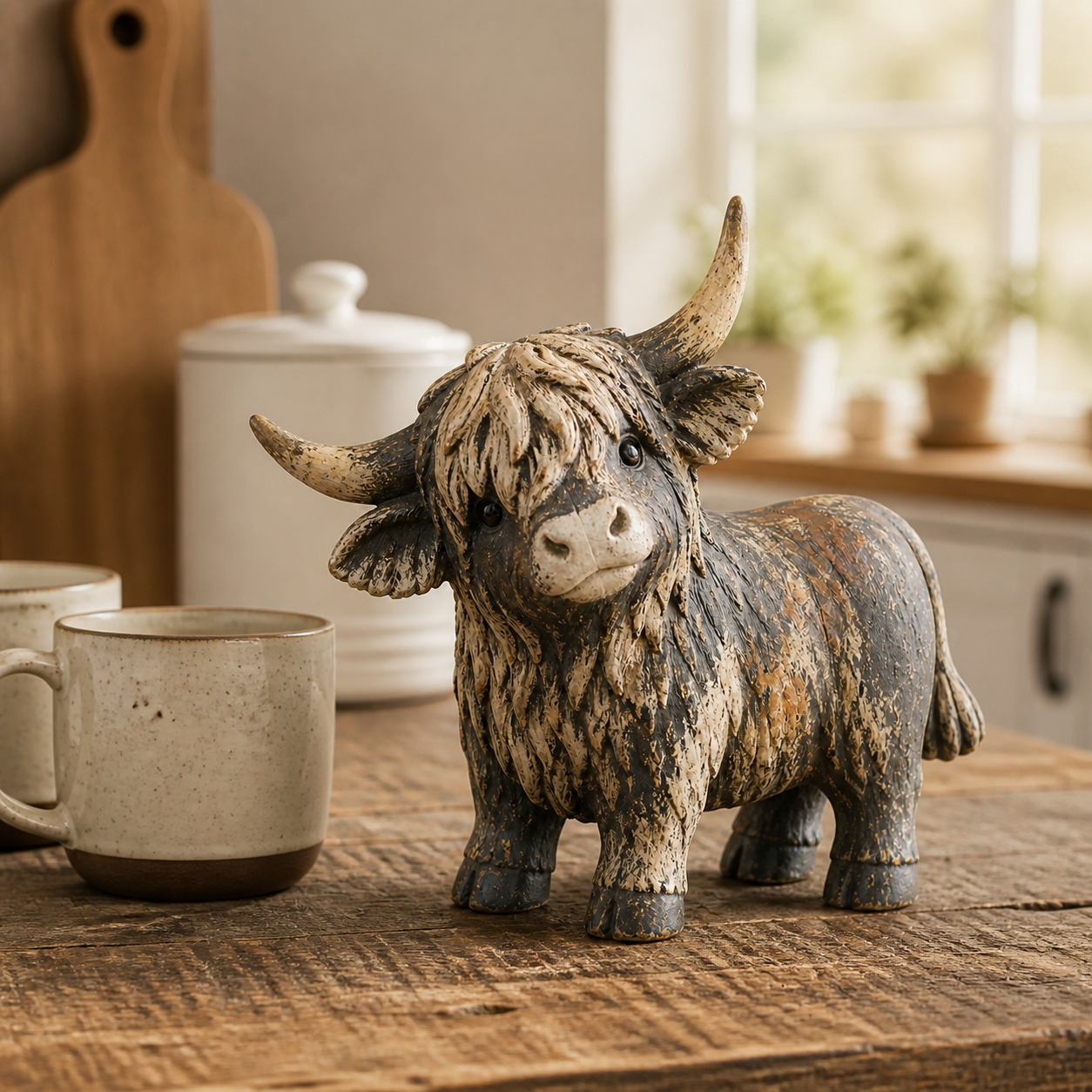 🐮 Rustic Highland Cow Figurine – Charming Farmhouse Tabletop Decor