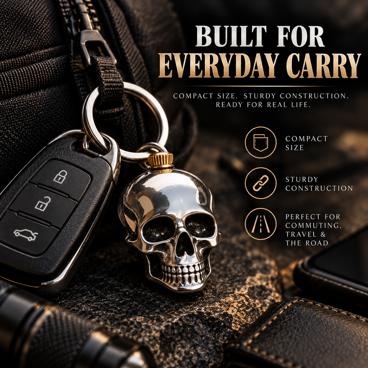 💀 Rugged Stainless Steel Skull Keychain – Bold Gothic EDC Accessory for Motorcycle Riders and Biker Gifts