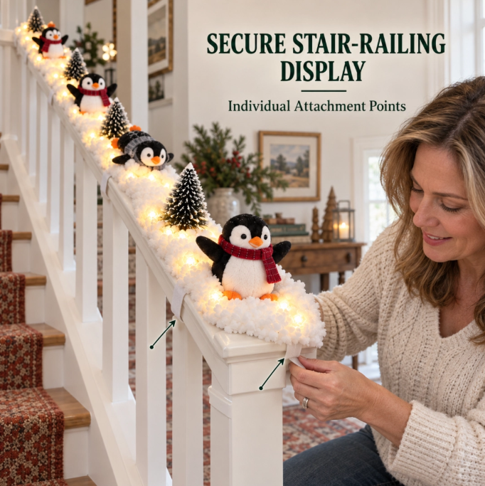 Lighted penguin stair snow decoration at night