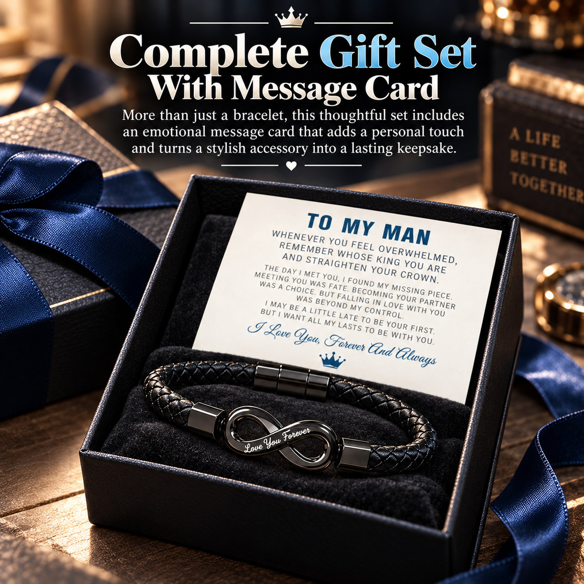 🖤 Men’s Braided Infinity Bracelet – Engraved Forever Love Gift for Him