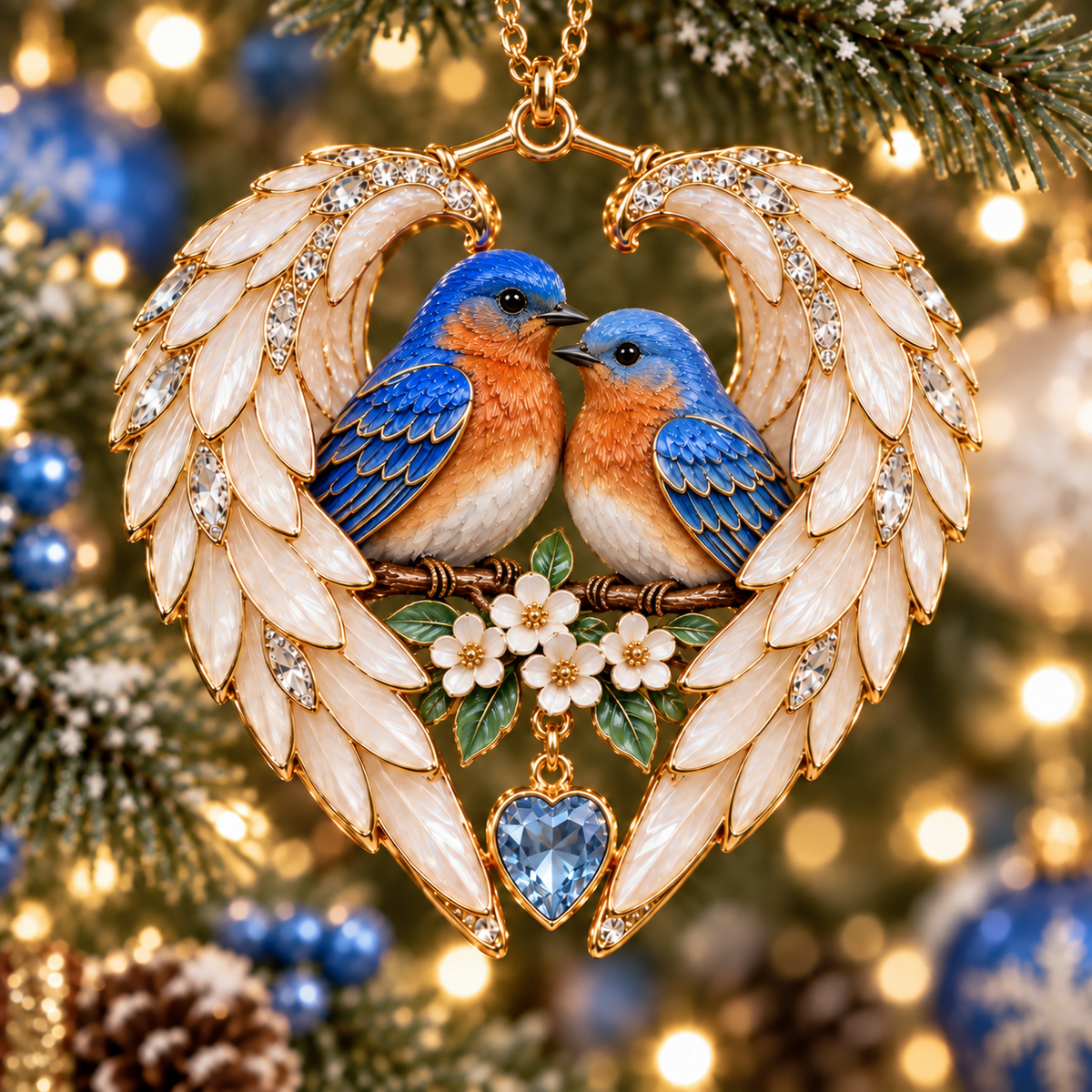 Eastern Bluebird Pair angel wing heart Christmas ornament