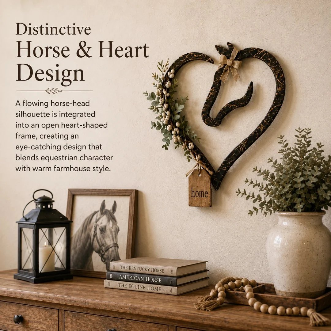 🎉Rustic Horse Heart Wall Decor with Greenery – Farmhouse Equestrian Home Accent