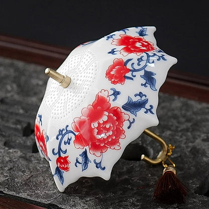 ☂️ Blue-and-White Umbrella Tea Strainer | Ceramic Tea Filter Set