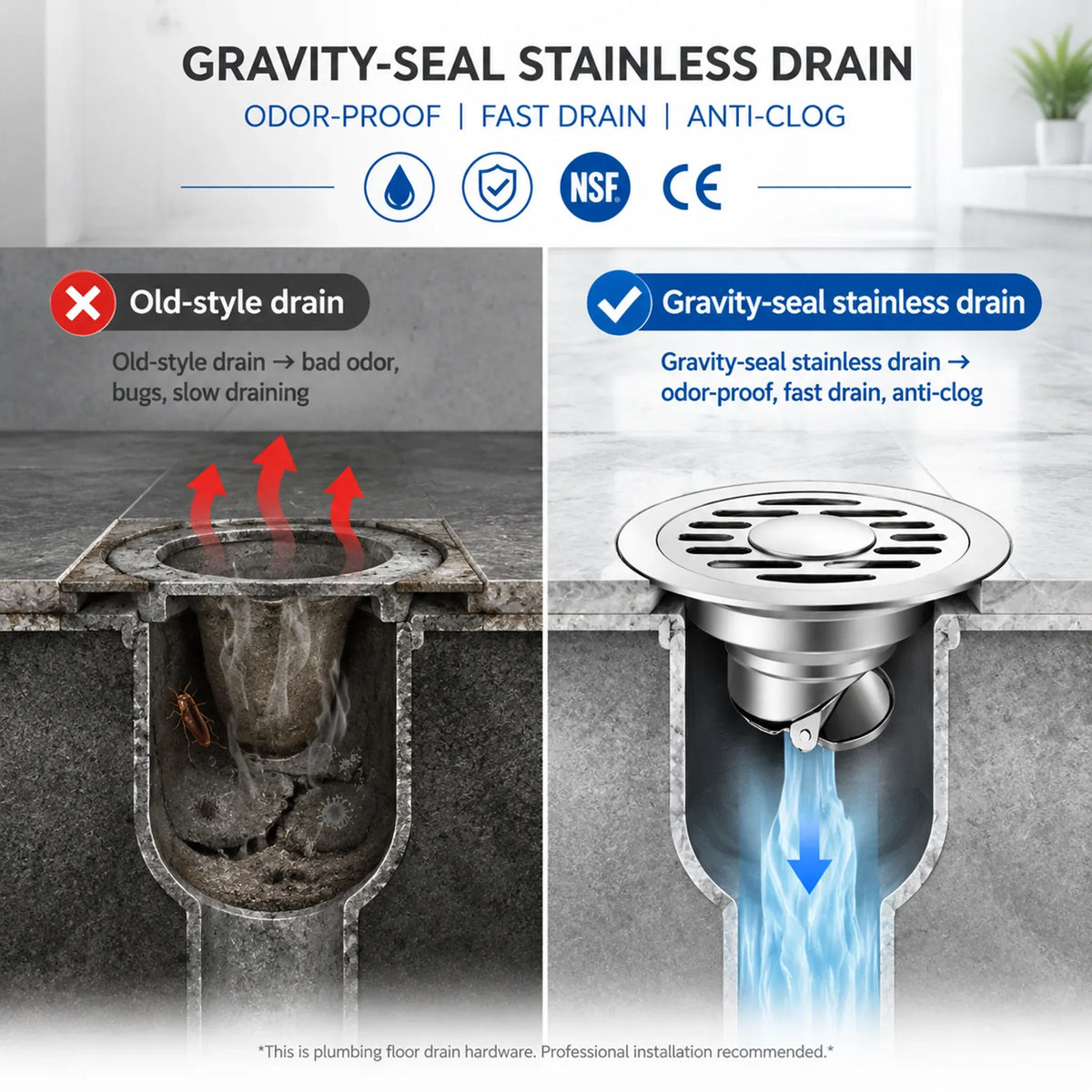 Stainless Steel Floor Drain 🚿 – 3.94" Gravity Seal with Hair Filter & Odor Control