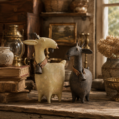 🏡 Rustic Goat Figurines Set of 2 – Vintage Farmhouse Home Decor