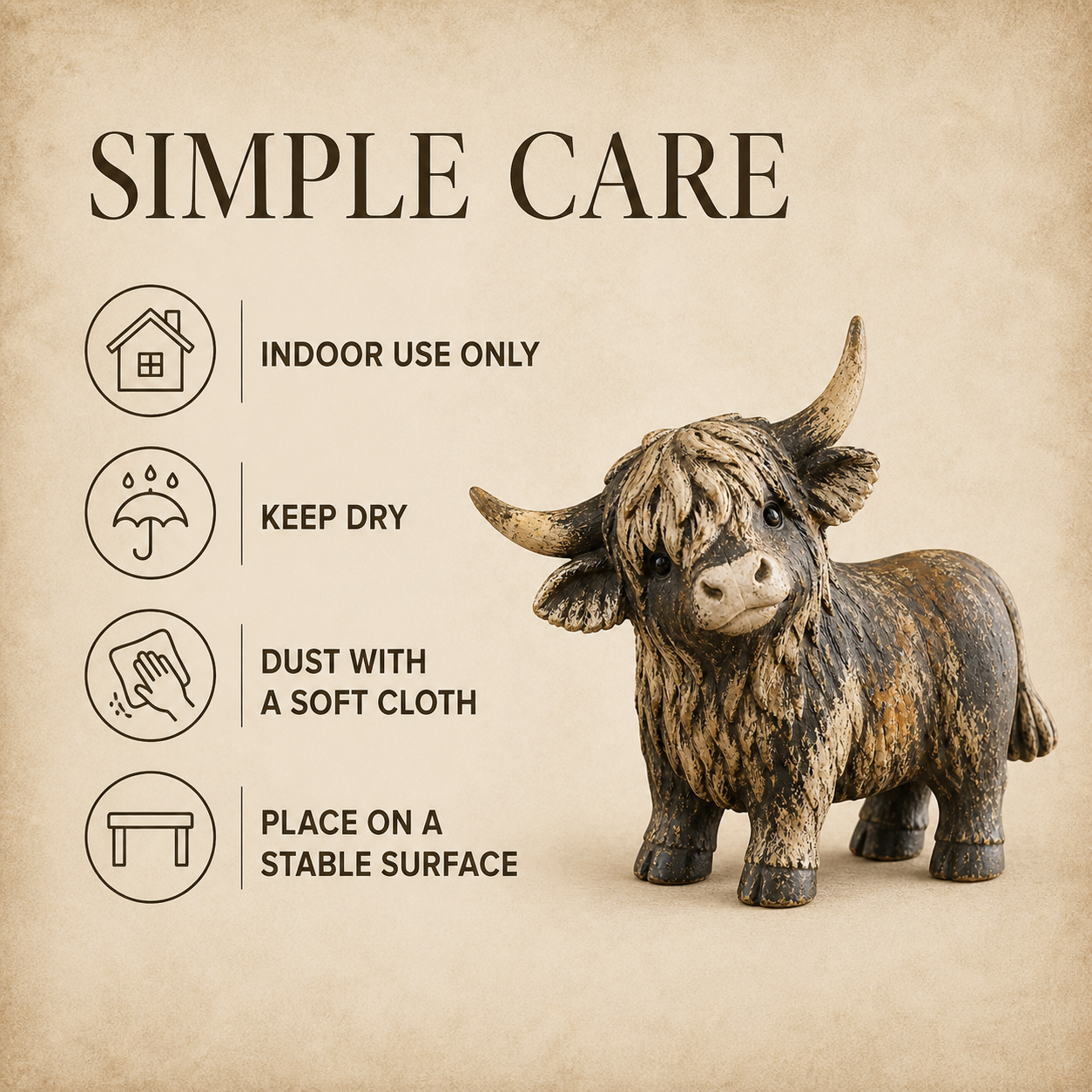 🐮 Rustic Highland Cow Figurine – Charming Farmhouse Tabletop Decor