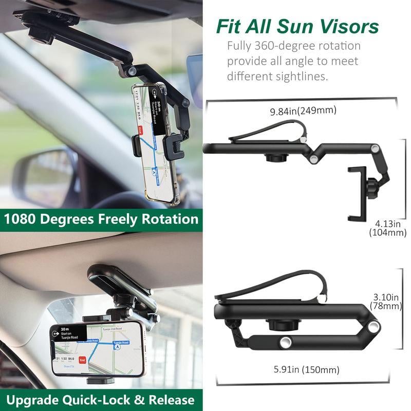 🚗 Universal Car Phone Holder for Sun Visor, 360° Rotating, Retractable & Anti-Slip Secure Mount