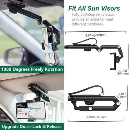 🚗 Universal Car Phone Holder for Sun Visor, 360° Rotating, Retractable & Anti-Slip Secure Mount