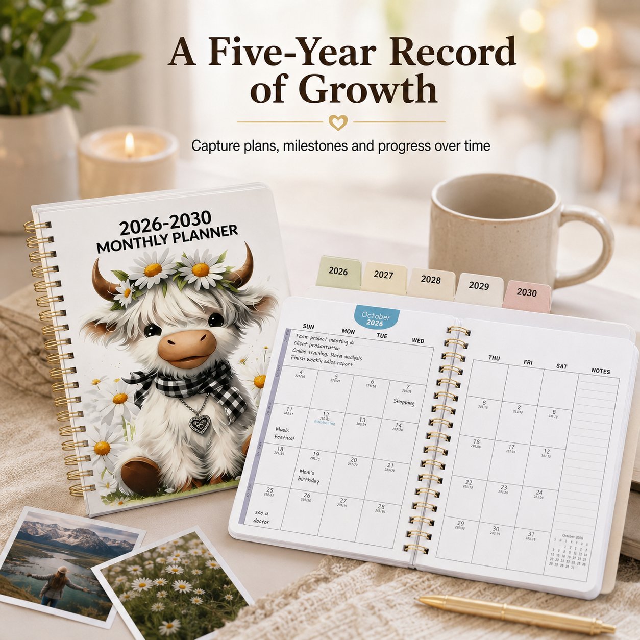 🔥LAST DAY 49% OFF - 🐮 2026–2030 Monthly Planner ✨ Cute Highland Cow 5-Year Calendar | Large Monthly Blocks for Long-Term Planning
