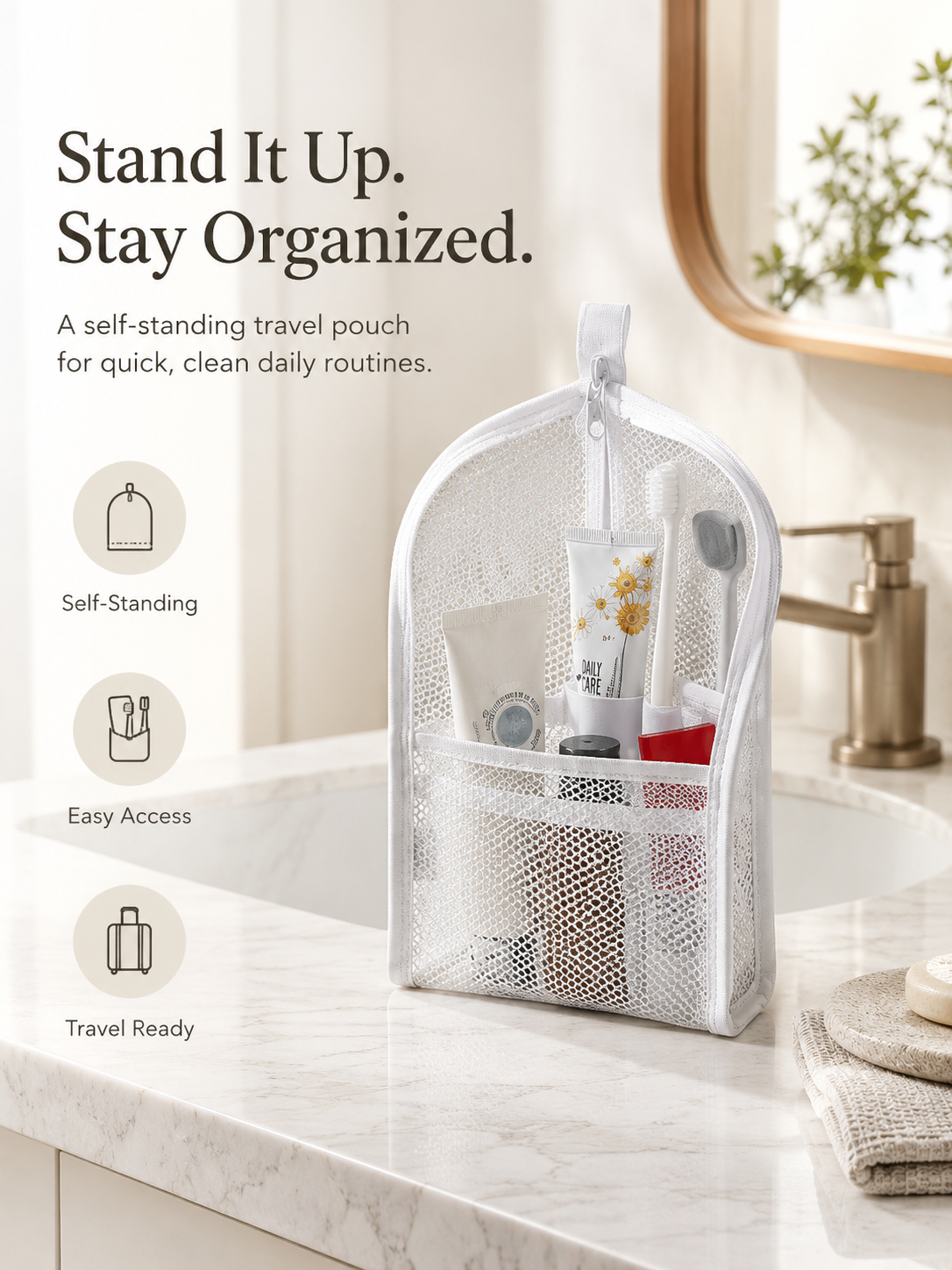 Self-Standing Travel Toiletry Pouch – Compact Organizer for Travel & Daily Essentials
