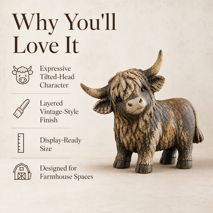 🐮 Rustic Highland Cow Figurine – Charming Farmhouse Tabletop Decor