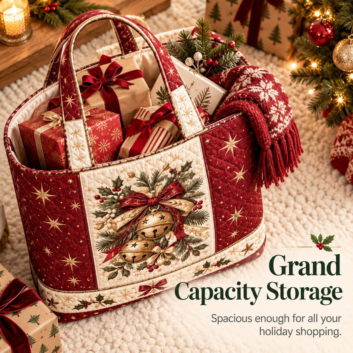 🎄❤️ Festive Quilted Shopper Bag – Spacious Holiday Carryall for Gifts & More
