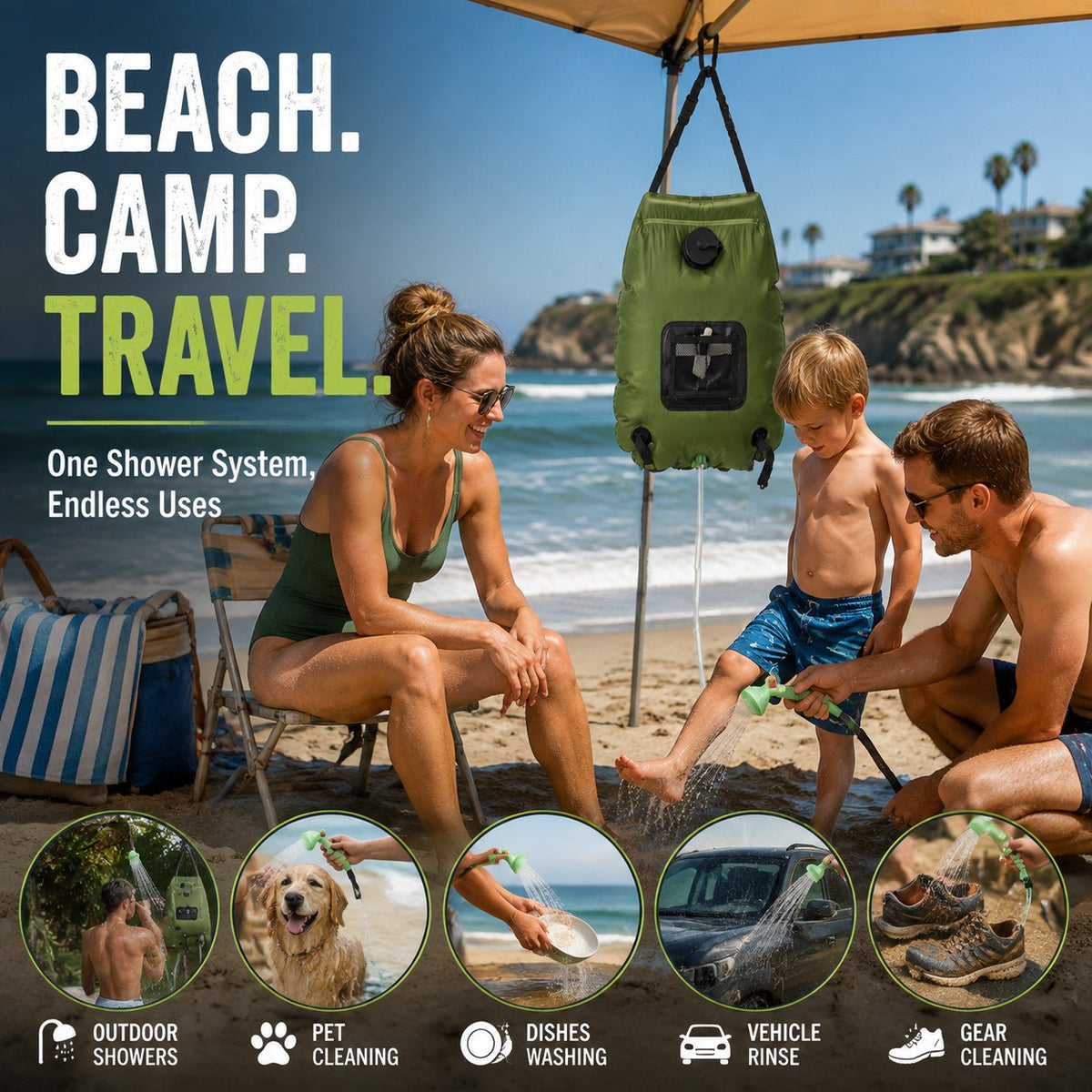 ☀️ Portable Solar-Heated Camp Shower Bag with Easy-Carry Handle – Outdoor Wash Kit, Green 🚿