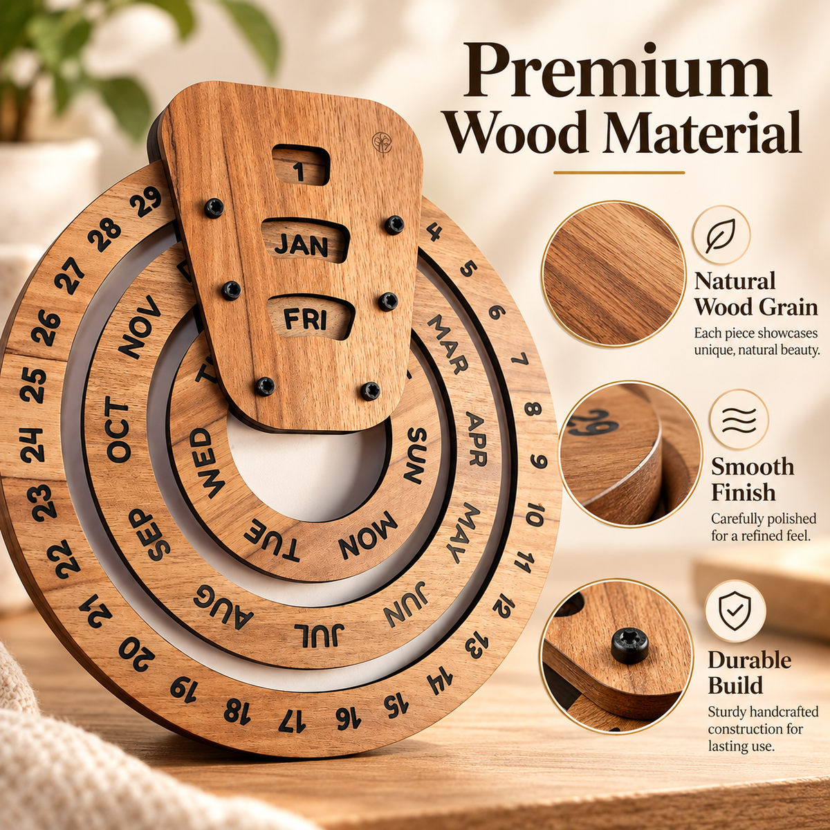 📅 Everlasting Wooden Calendar – Reusable Desk Organizer for Home or Office Decor