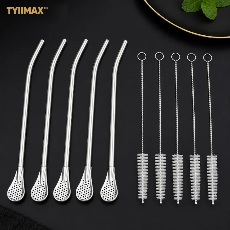 2-in-1 Stainless Steel Straw Spoons 🥄 – 2 Straws & 2 Cleaning Brushes