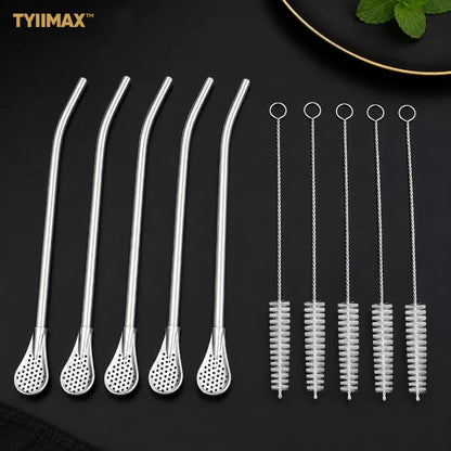 2-in-1 Stainless Steel Straw Spoons 🥄 – 2 Straws & 2 Cleaning Brushes