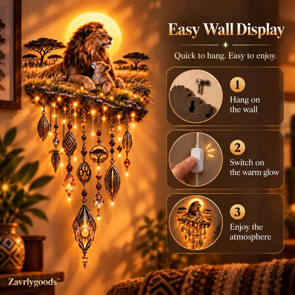 Majestic Savannah Family Glow™ – Beleuchtete Wanddekoration „Löwe & Junges“