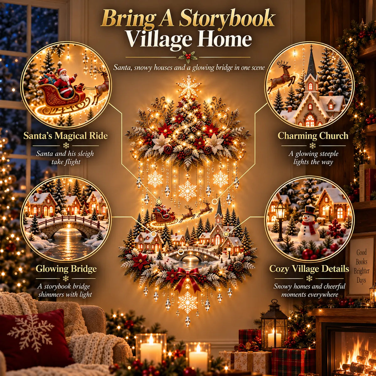 🎄 Enchanted Christmas Village Wall Decor with Cascading Warm Lights ✨ Cozy Holiday Tree Display for Living Rooms, Entryways & Staircases