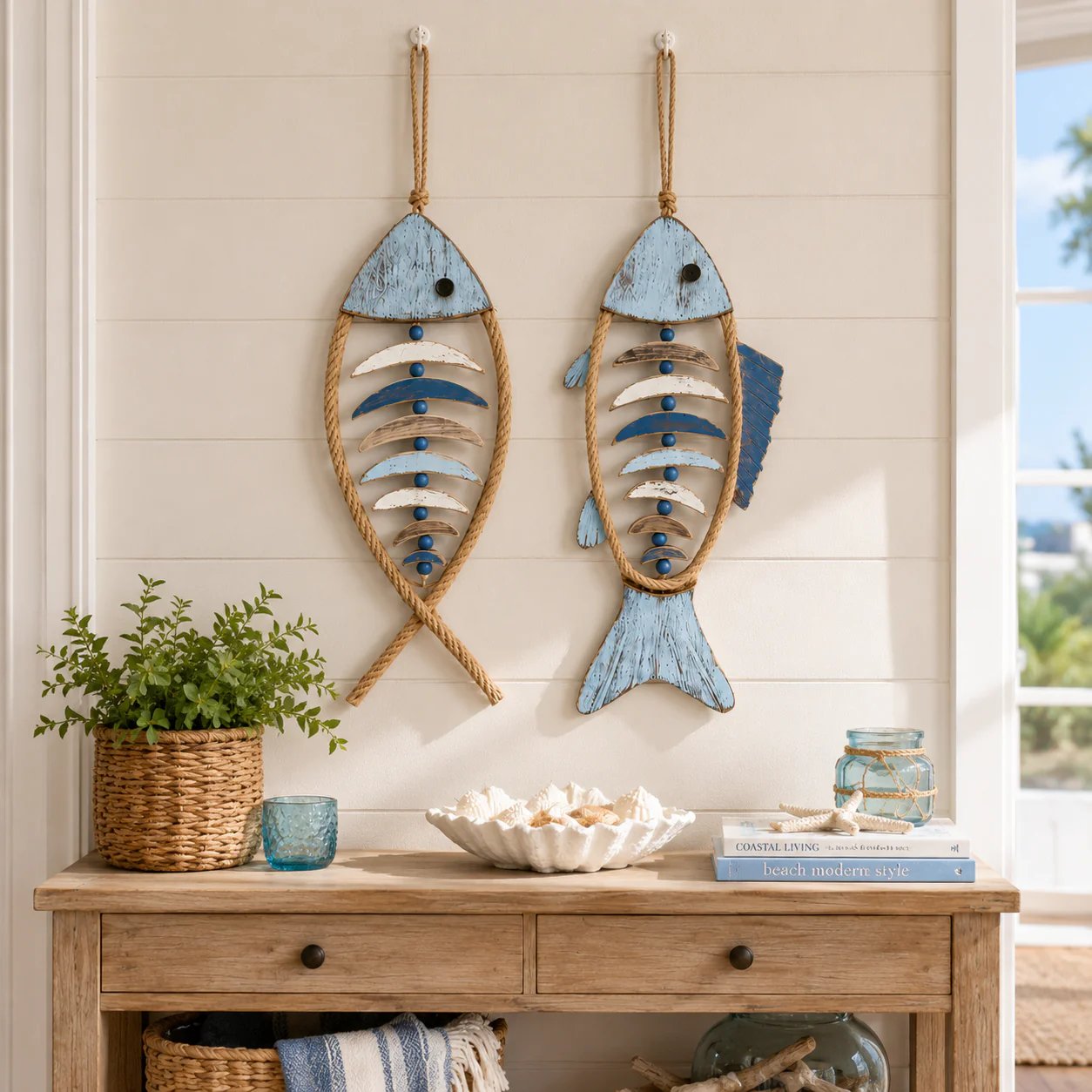 🐟✨ Lighted Coastal Rope Fish Wall Hanging