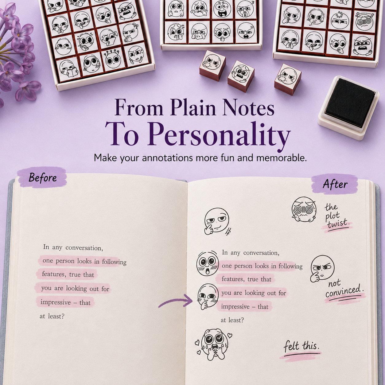 📚 Expression Reaction Stamp Set – Cute Book Annotation Stamps for Readers & Journaling