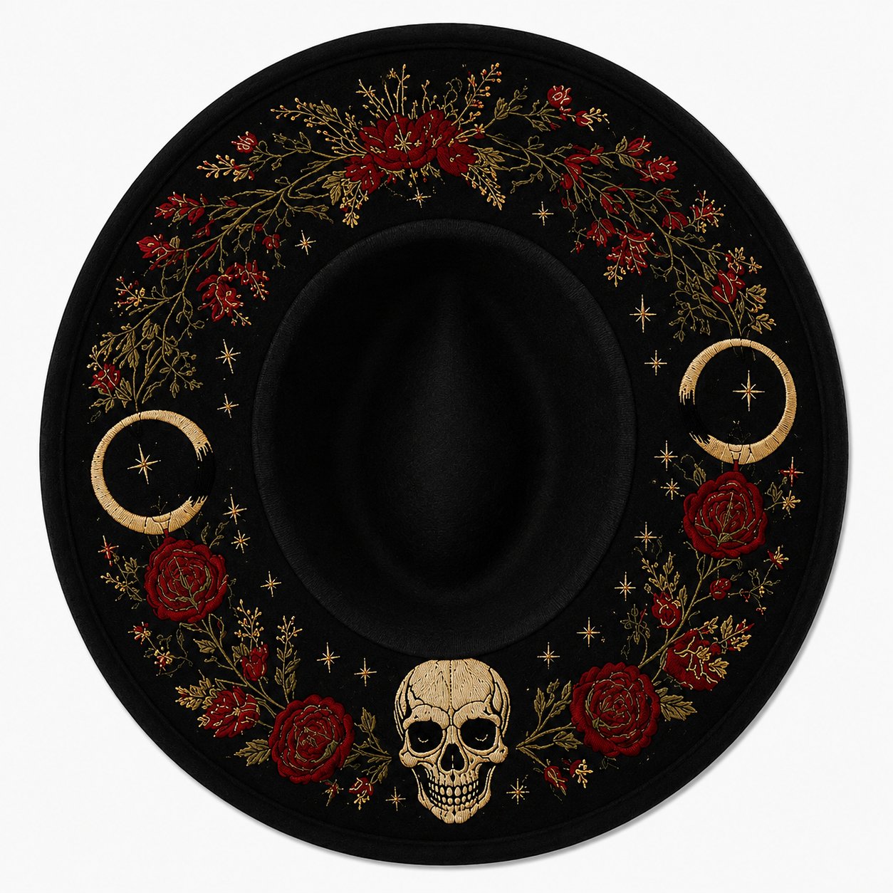 🖤 Gothic Embroidered Wide Brim Fedora Hat | Black Felt Design with Detailed Underside Embroidery in 7 Witchy, Celestial & Halloween Styles 🌙