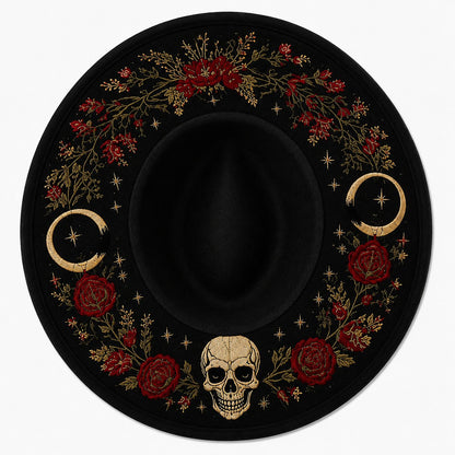 🖤 Gothic Embroidered Wide Brim Fedora Hat | Black Felt Design with Detailed Underside Embroidery in 7 Witchy, Celestial & Halloween Styles 🌙