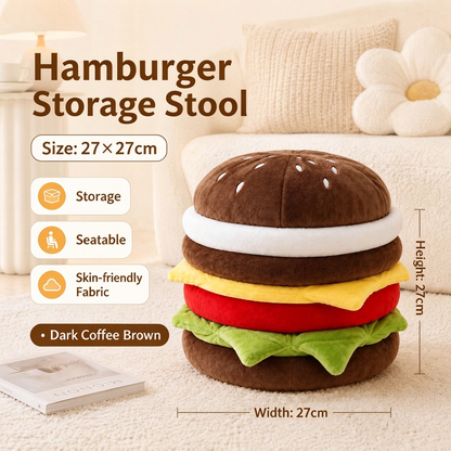 Hamburger Stool | Rolling Wheeled Stool & Plush Burger Storage Ottoman, Cute Home Seat