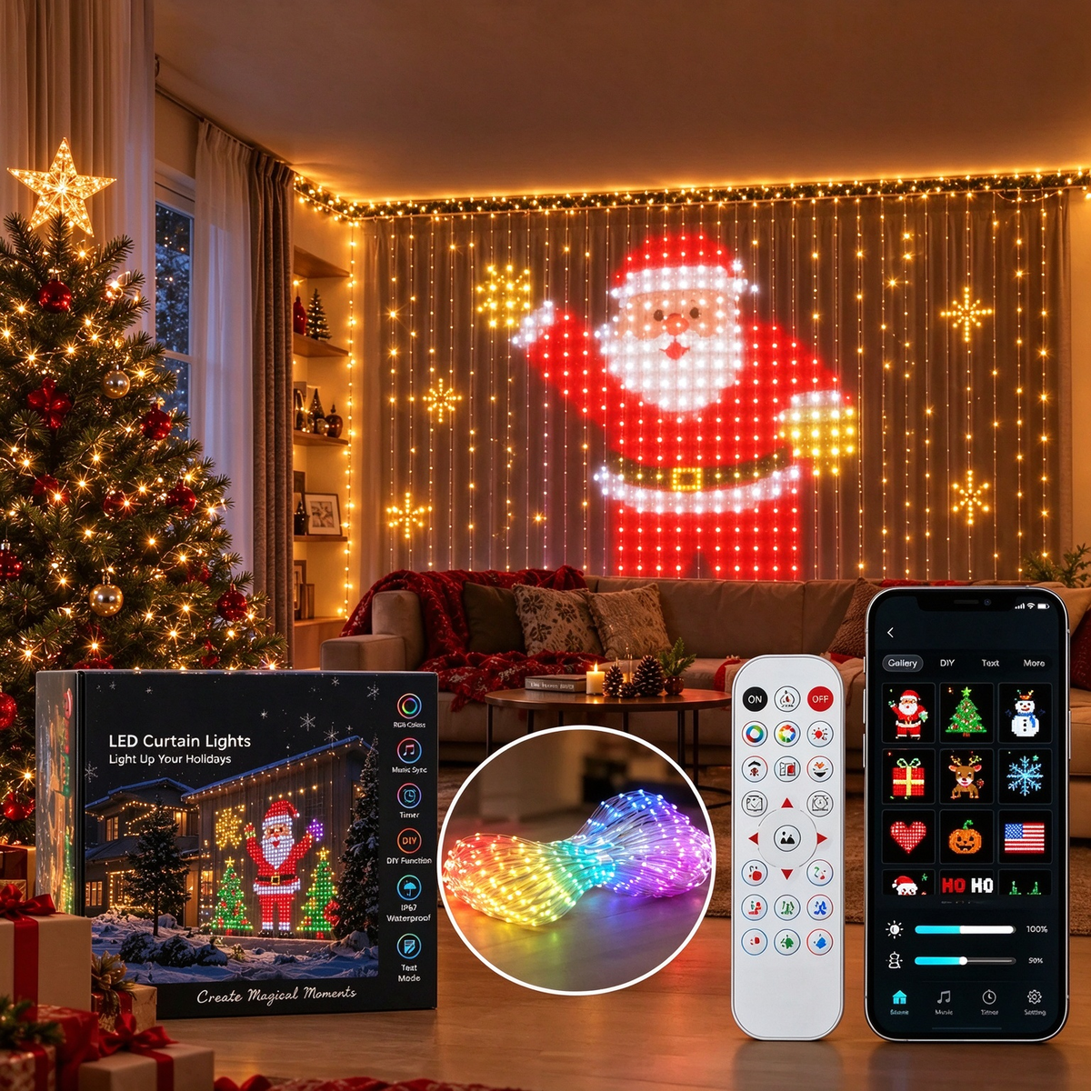 🎄 Smart LED Curtain Lights | App-Controlled Animated Christmas Wall Display ✨