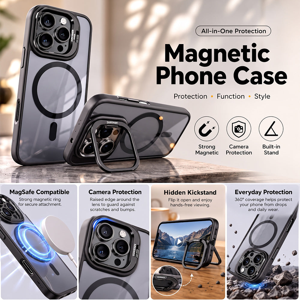 📱🧲 Magnetic Phone Case – Camera Protection, Built-In Stand & Everyday Convenience