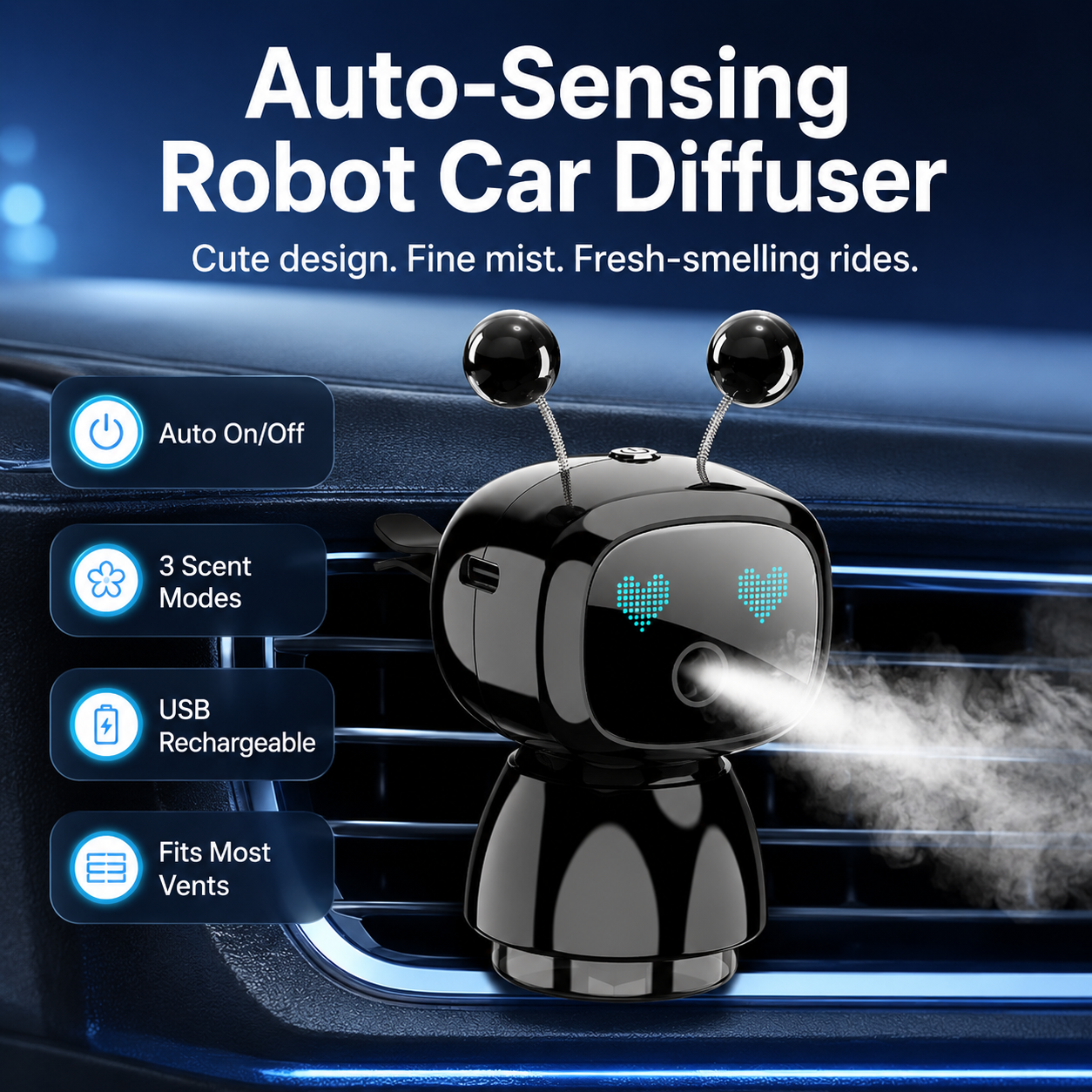 Smart robot car fragrance diffuser with mist and LED face