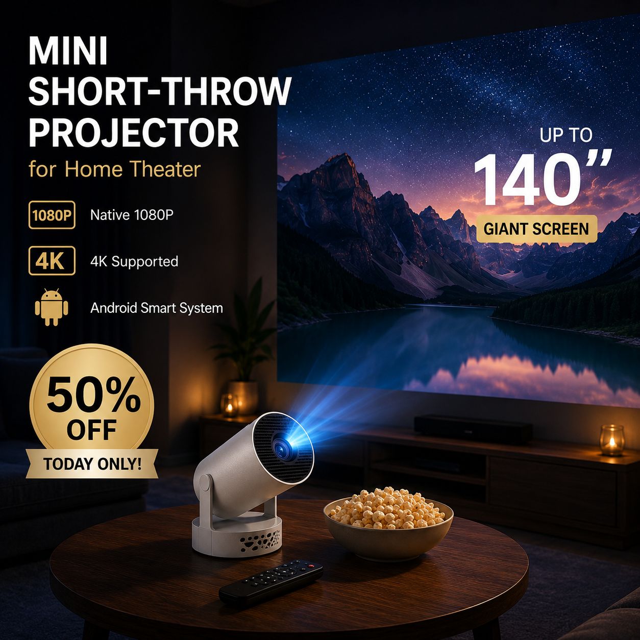 🔥 Over 50% OFF Today! 📽️ Mini Short-Throw Projector for Home Theater