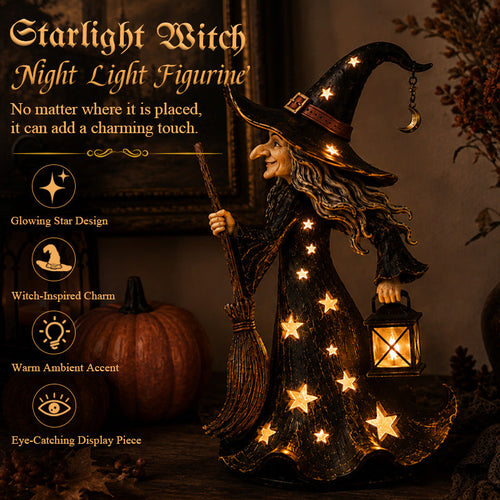 🌟🧙‍♀️ Sterrenlicht Heks Nachtlampje Beeldje | Halloween Heksenornament met Warme LED-verlichting 🎃