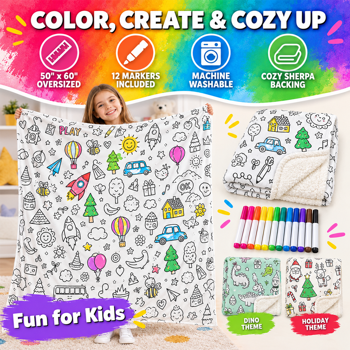 🖍️ Create Your Own Cozy Coloring Blanket with 12 Vibrant Fabric Markers