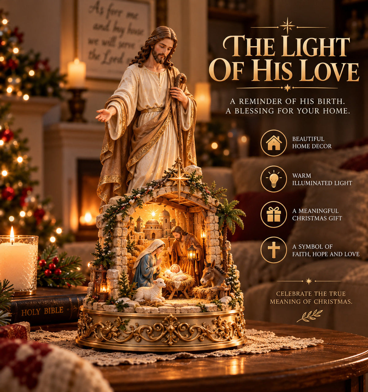 ✨ Jesus & Nativity Lighted Sculpture – Christian Christmas Decor