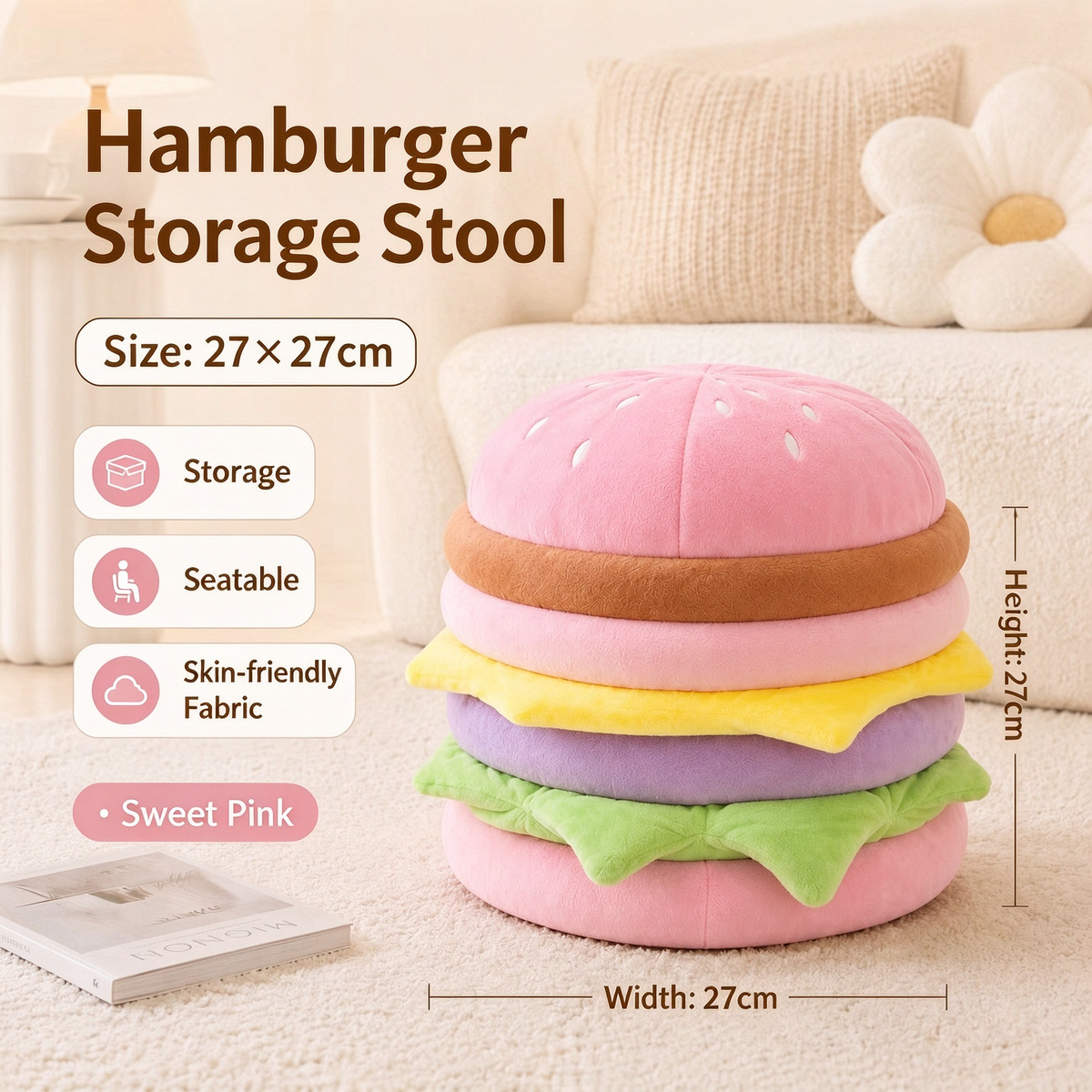 Hamburger Stool | Rolling Wheeled Stool & Plush Burger Storage Ottoman, Cute Home Seat