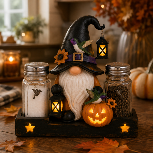 🎃 Glowing Halloween Gnome Salt & Pepper Holder Set – Includes 2 Glass Shakers