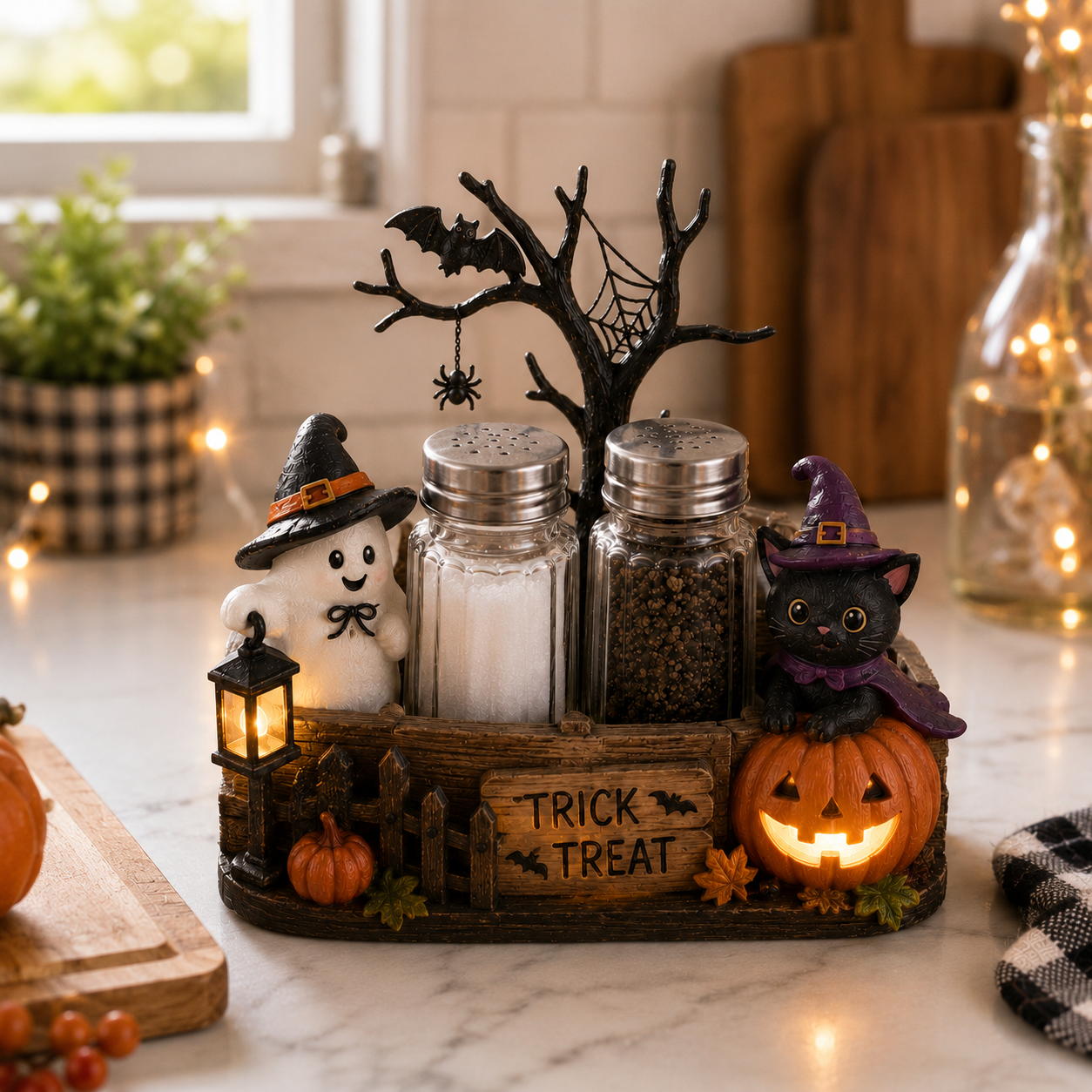 Lighted Halloween Salt & Pepper Shaker Holder Set