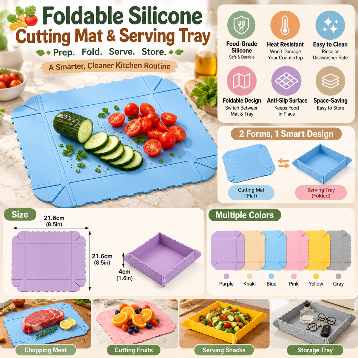 Foldable Silicone Cutting Board 🥗 – Convenient Food Prep & Serving Tray