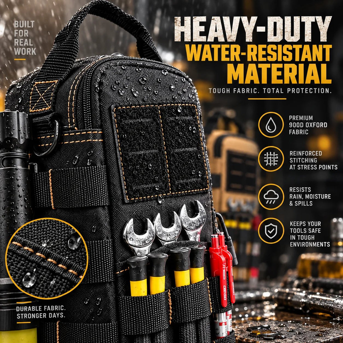 🛠️ Jobsite-Ready Waterproof Tool Carryall – Rugged Oxford Organizer with Multiple Pockets and Padded Shoulder Strap, Black