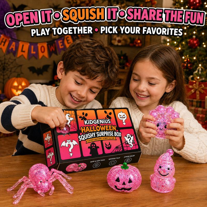 Two children revealing and sharing the pink Halloween squishies