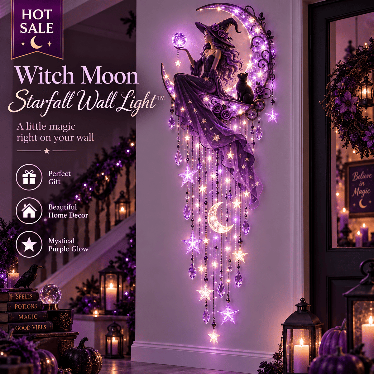 Halloween Witch Wall Light 🔮 – Enchanting Gothic Decor for Empty Walls