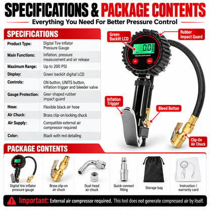 3-in-1 Digital Tire Pressure Gauge 🚗 – 200 PSI Inflator Chuck & Air Bleeder