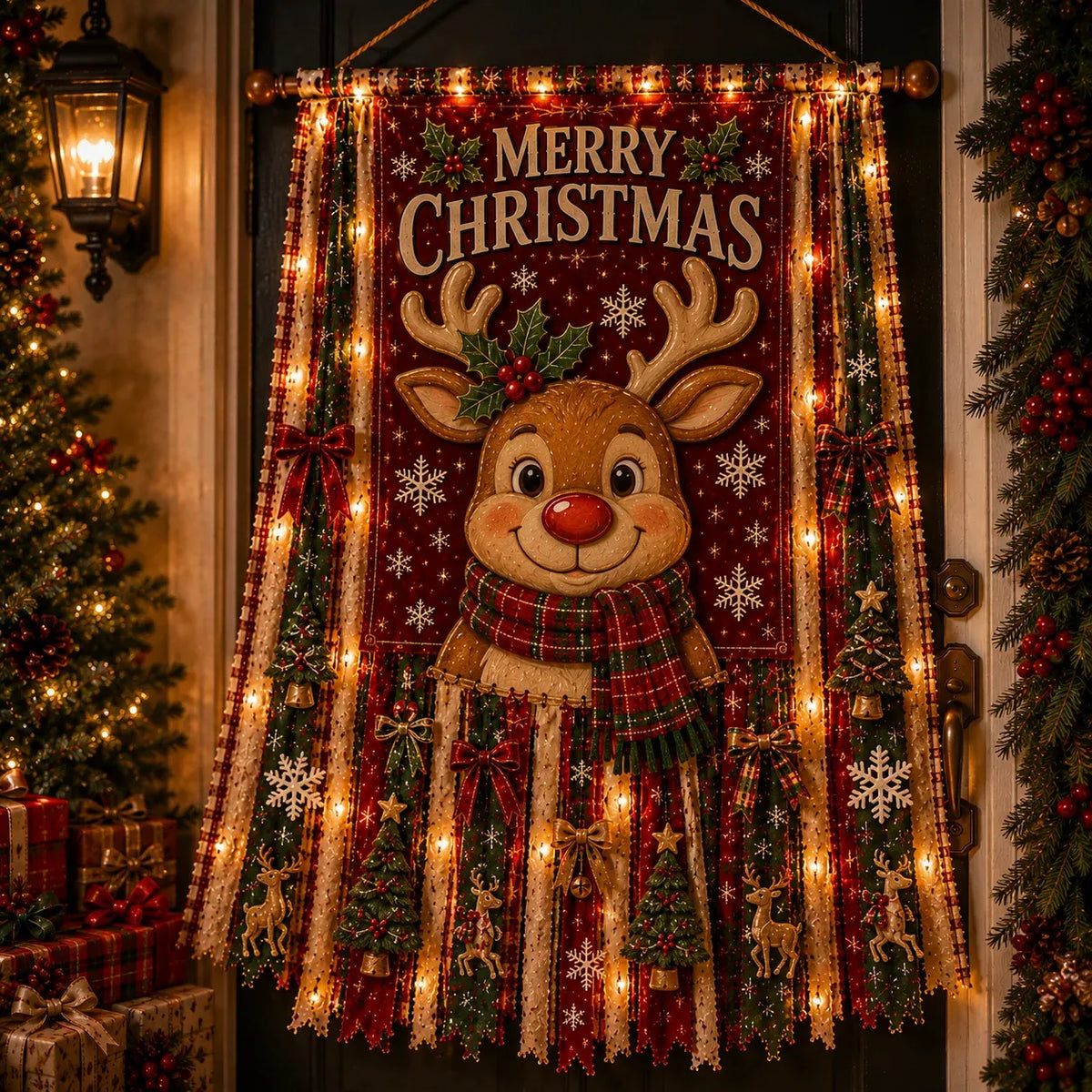 ⏳ Last Day 49% OFF – 🎄Oversized Lighted Christmas Door Hanging Decor Collection | 27 × 50 in Layered Fabric Design with Warm Lights & 5 Festive Character Styles ✨