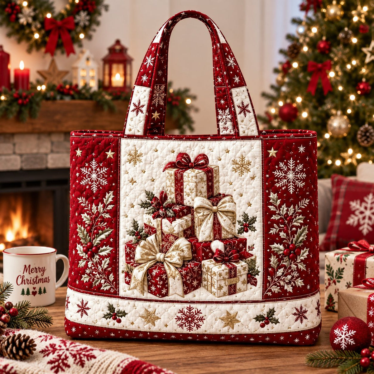 🎄❤️ Festive Quilted Shopper Bag – Spacious Holiday Carryall for Gifts & More
