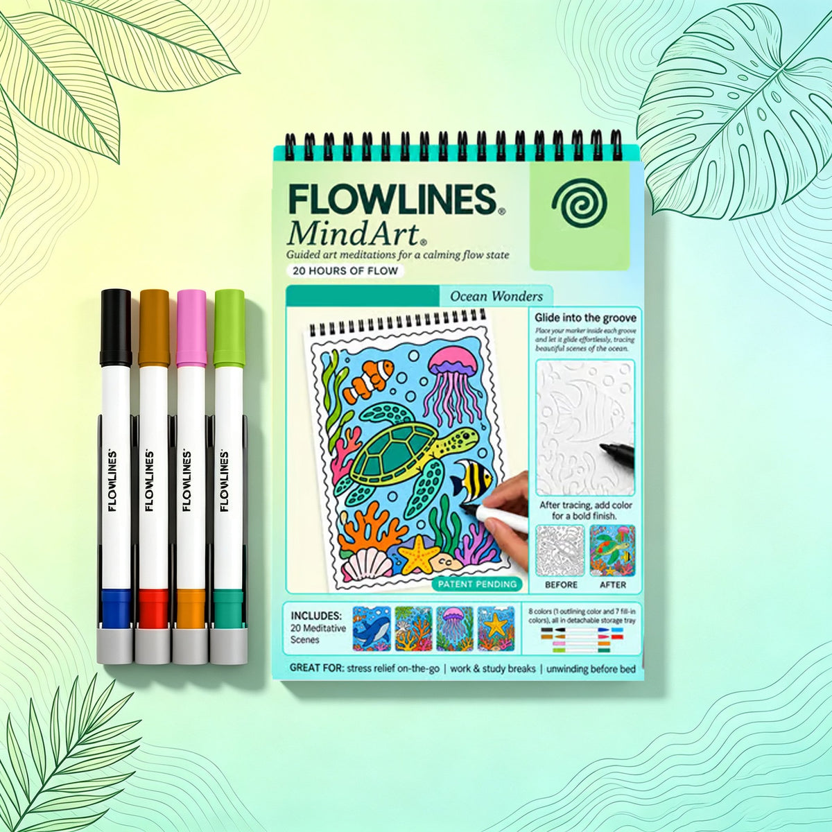 🌿  Guided Flow Art Coloring Pad with Double-Sided Markers 🎨