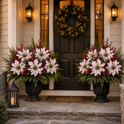 ❤️ Christmas Poinsettia Planter Inserts – Red & White Holiday Floral Picks