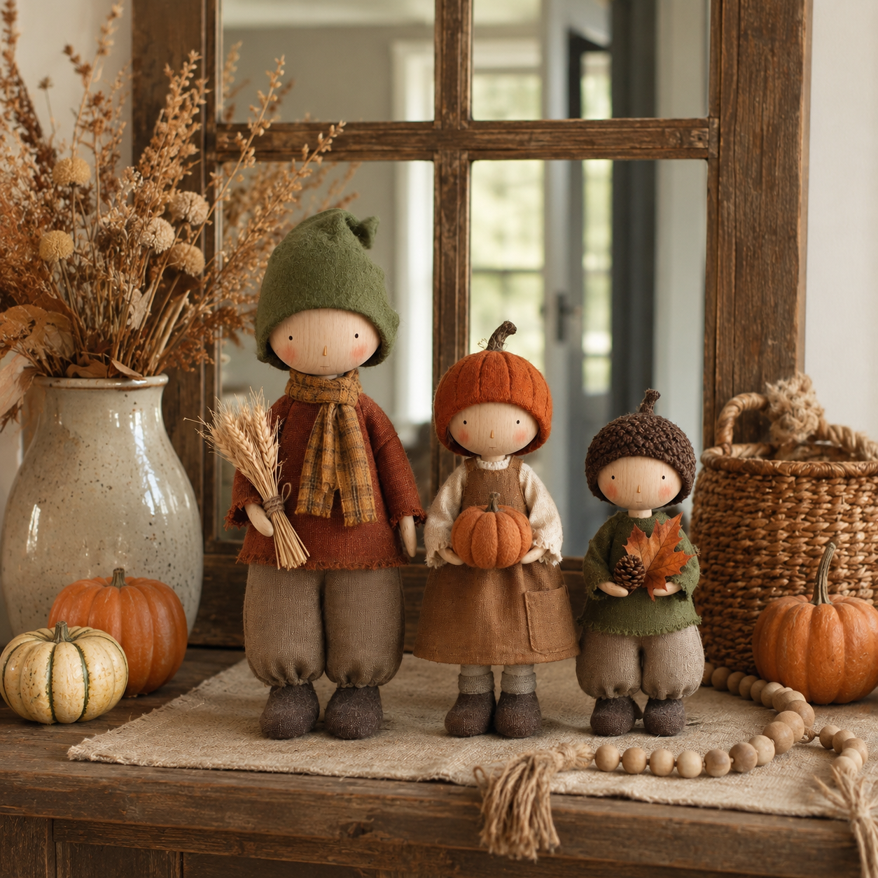 Set of three rustic fall harvest doll figurines