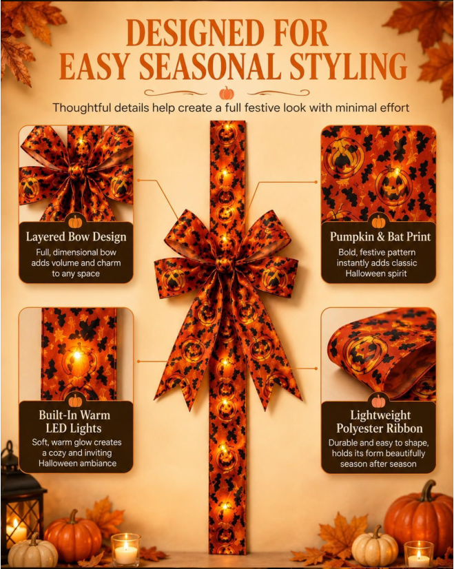 🎃Halloween LED Light‑Up Bow | Spooky Festive Decor 🎇