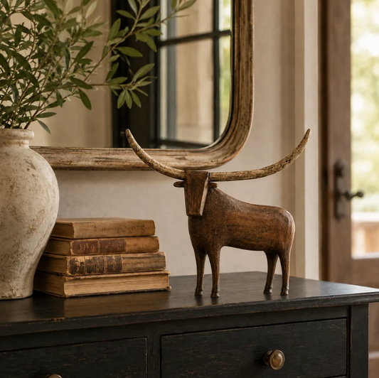 🐂 Vintage Folk Art Longhorn Bull Sculpture | Rustic Farmhouse Home Decor
