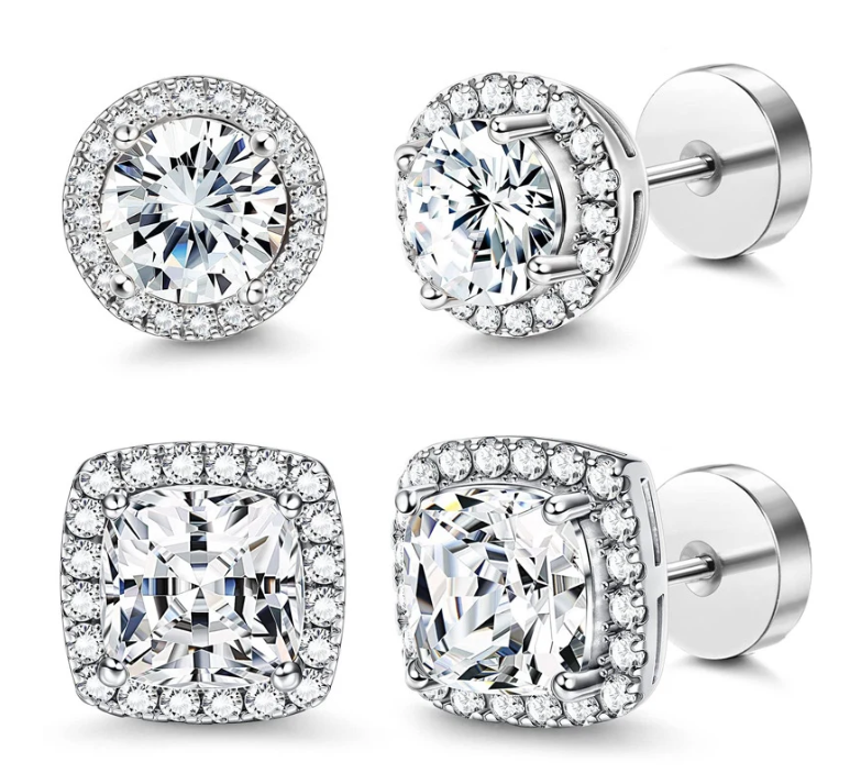 Halo Stud Earrings 4-Pack(Buy 1 get 1 free) - Gold & Silver Round/Square Styles